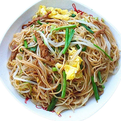 Udon salteado con gambas, panceta asada