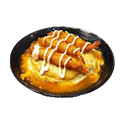 Ebi Arroz frito con tortilla y langostinos fritos