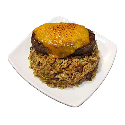 Arroz frito pieza ternera, queso chedar