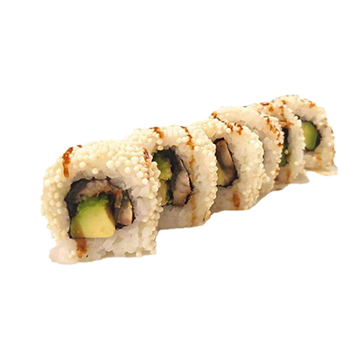 Uramaki de anguila con perlas de arroz queso